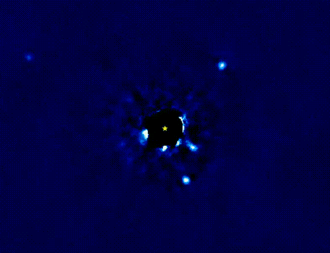 Анимация вращения четырех экзопланет вокруг звезды HR 8799. Создано на основе реальных фотографий
